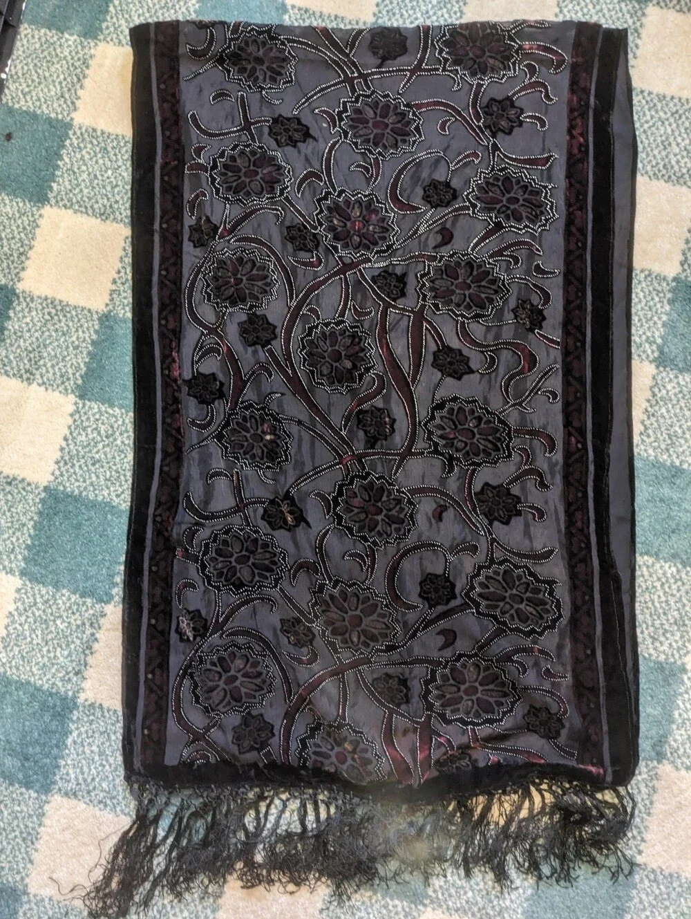 Burnout Velvet Moody Black And Wine Semi Sheet Scarf Shawl